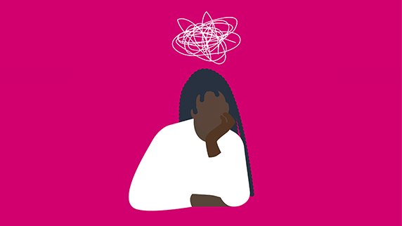 Woman thinking with scribble in thought bubble